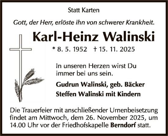 Traueranzeige von Karl-Heinz Walinski von WLZ