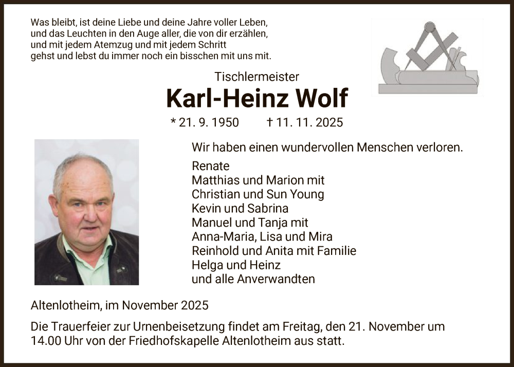  Traueranzeige für Karl-Heinz Wolf vom 18.11.2025 aus HNAWLZ