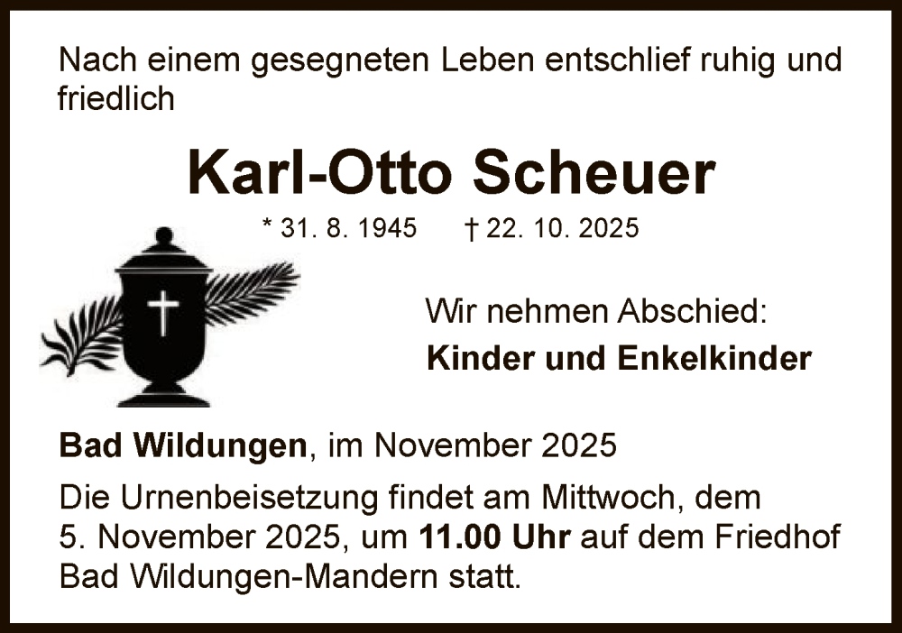  Traueranzeige für Karl-Otto Scheuer vom 01.11.2025 aus WLZ