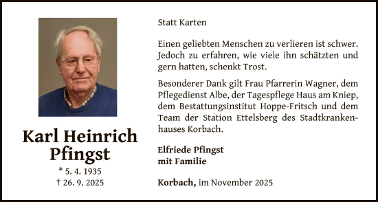 Traueranzeige von Karl Heinrich Pfingst von WLZ