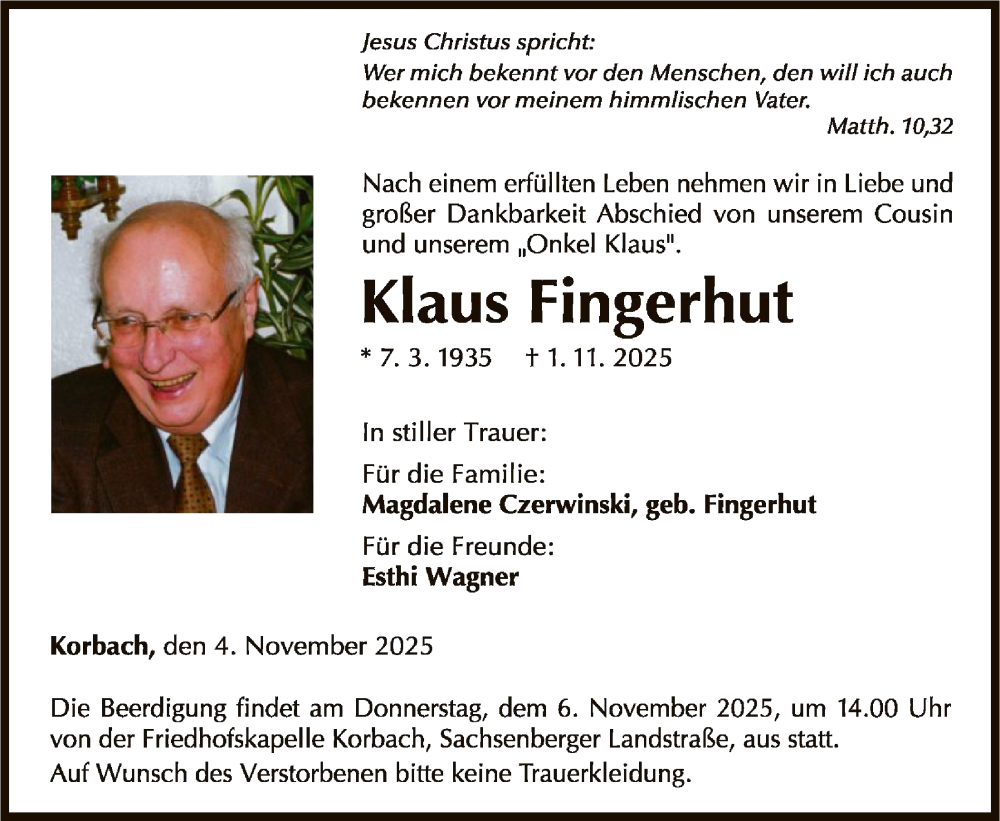 Traueranzeige für Klaus Fingerhut vom 04.11.2025 aus WLZ