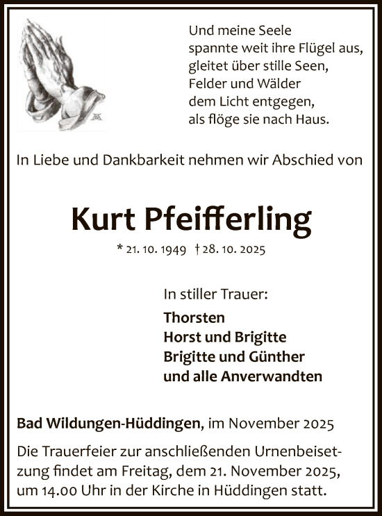 Traueranzeige von Kurt Pfeifferling von WLZ