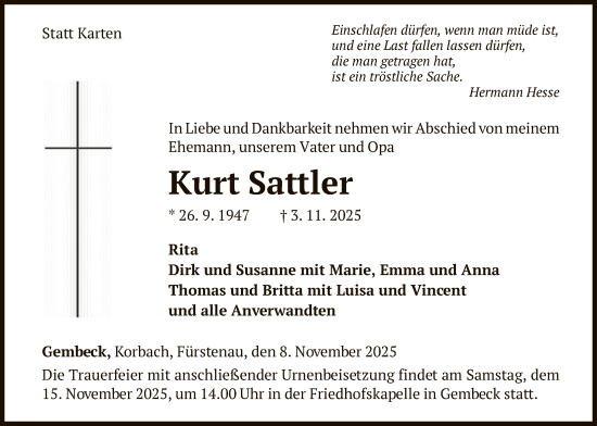 Traueranzeige von Kurt Sattler von WLZ