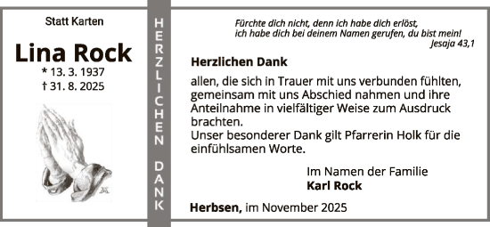 Traueranzeige von Lina Rock von WLZ