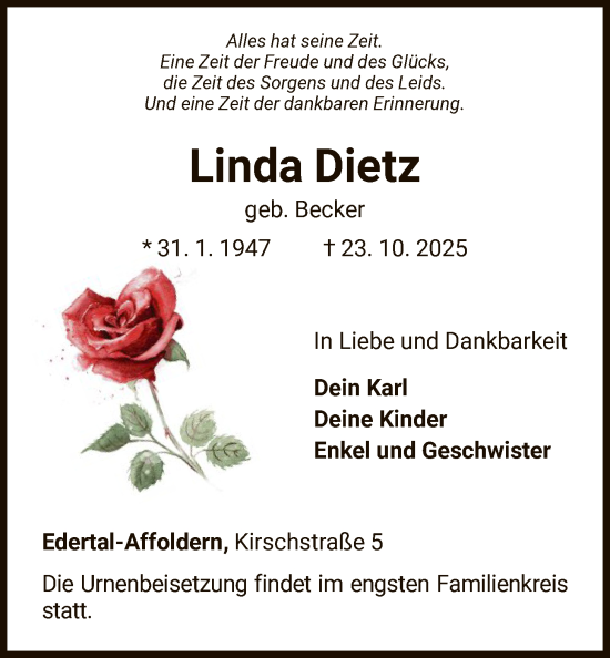 Traueranzeige von Linda Dietz von WLZ