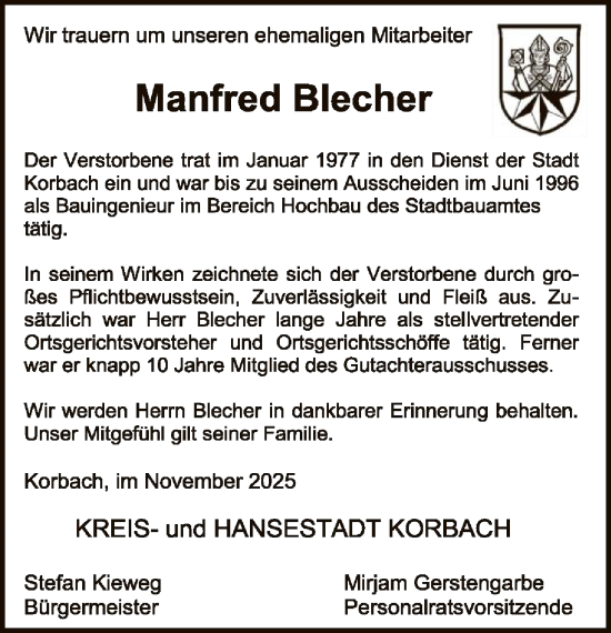 Traueranzeige von Manfred Blecher von WLZ