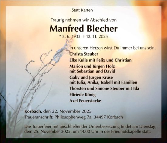 Traueranzeige von Manfred Blecher von WLZ