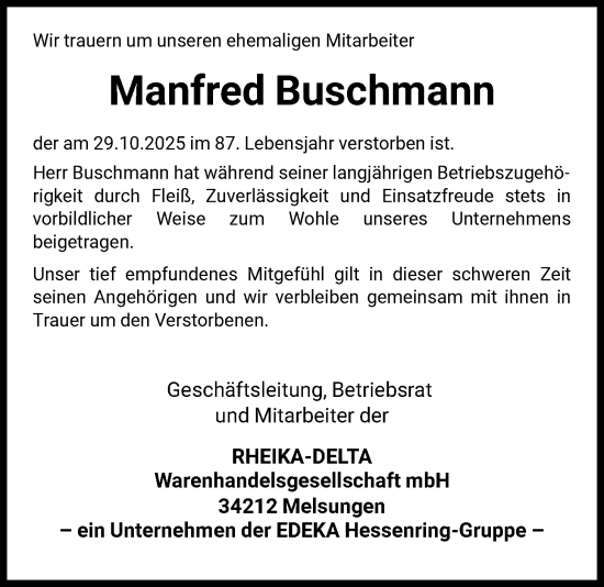Traueranzeige von Manfred Buschmann von WLZ