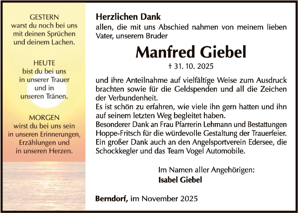  Traueranzeige für Manfred Giebel vom 22.11.2025 aus WLZ