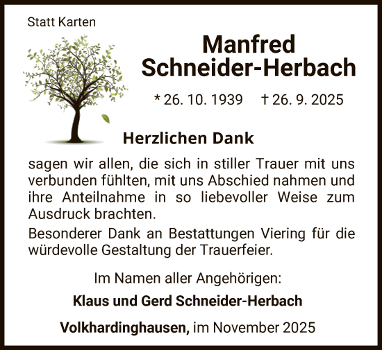 Traueranzeige von Manfred Schneider-Herbach von WLZ