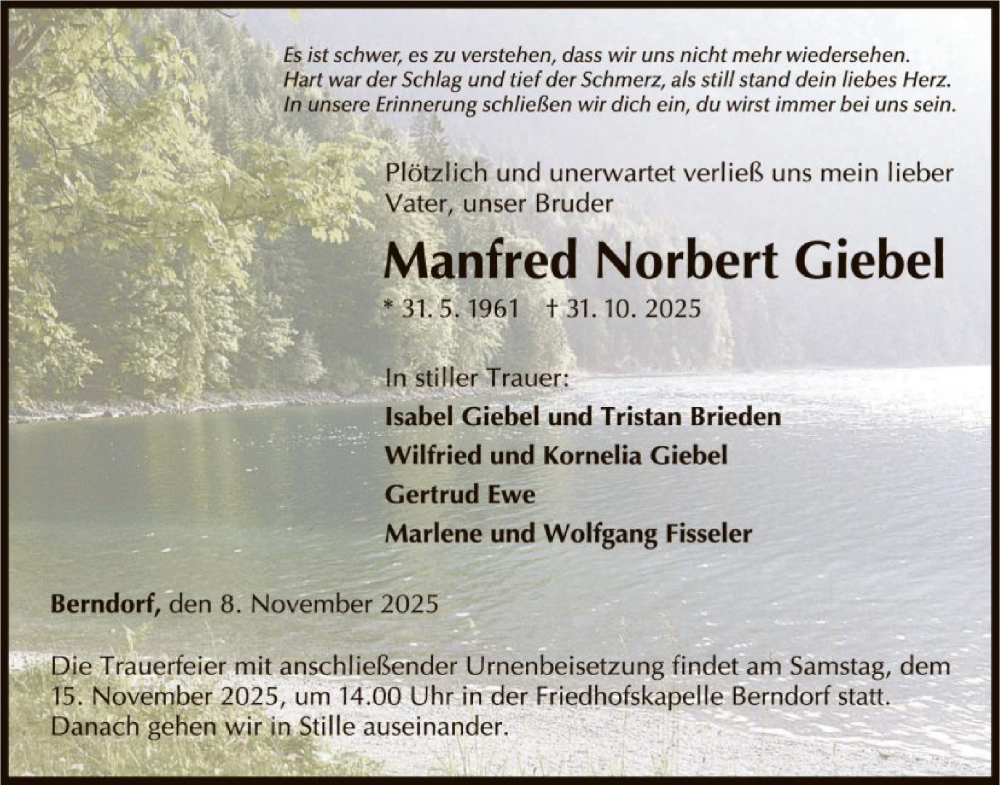 Traueranzeige für Manfred Norbert Giebel vom 08.11.2025 aus WLZ