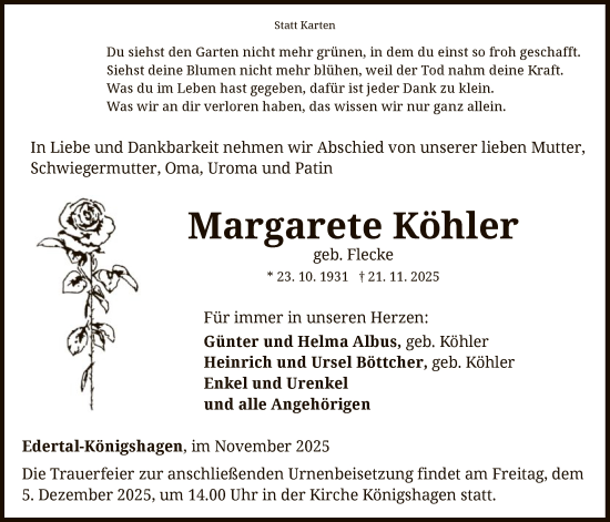 Traueranzeige von Margarete Köhler von WLZ
