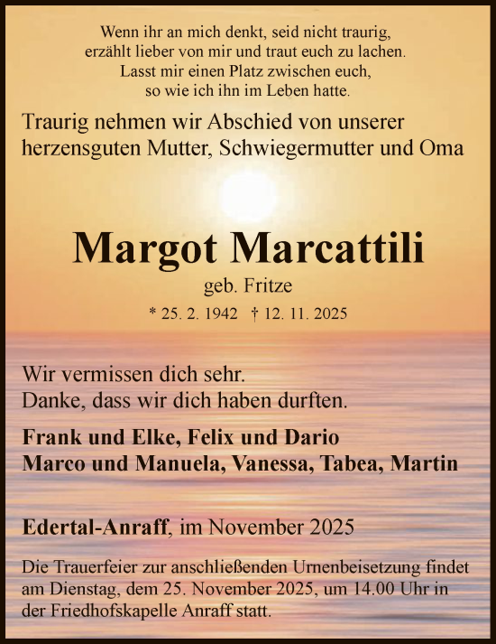 Traueranzeige von Margot Marcattili von WLZ