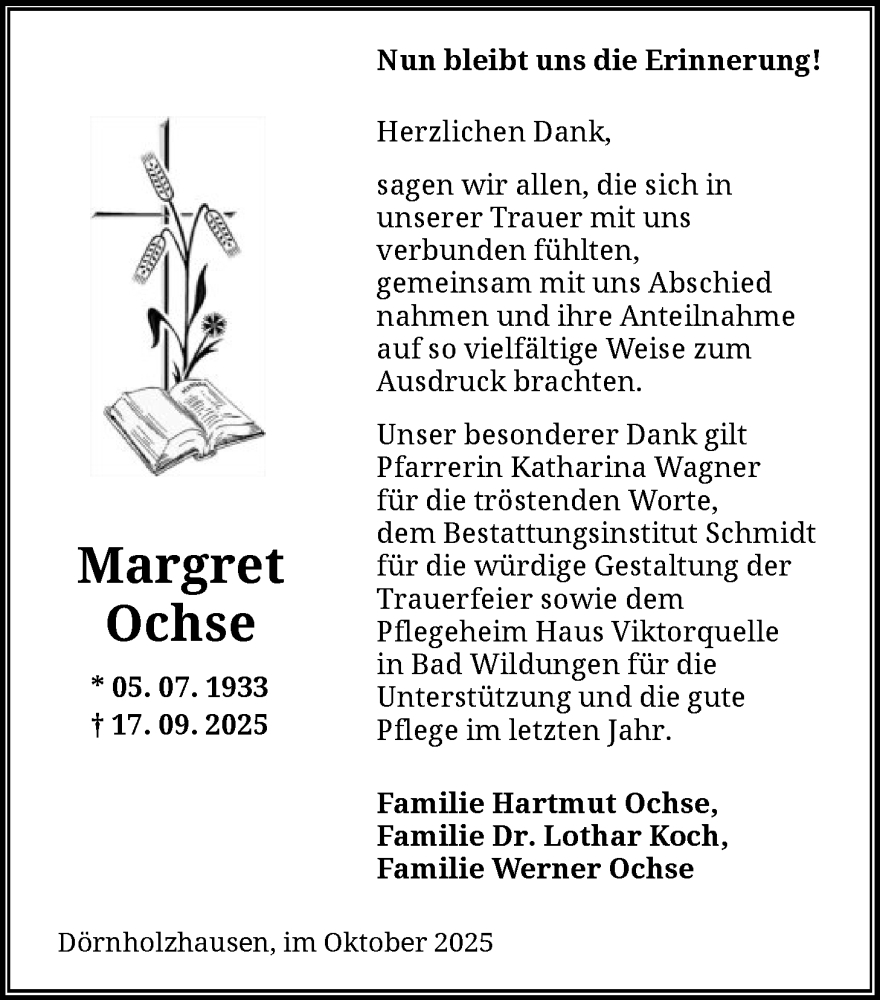  Traueranzeige für Margret Ochse vom 01.11.2025 aus HNAWLZ