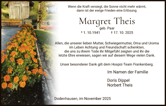 Traueranzeige von Margret Theis von WLZHNA