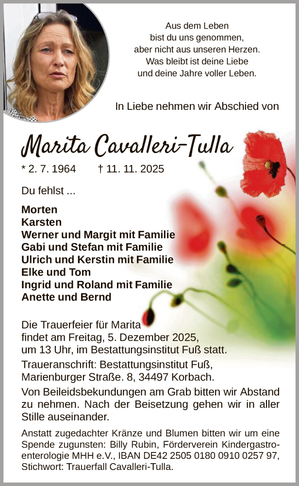  Traueranzeige für Marita Cavalleri-Tulla vom 29.11.2025 aus WLZ