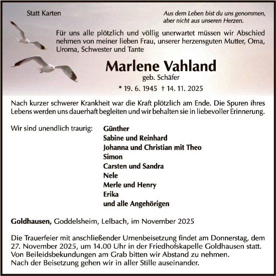 Traueranzeige von Marlene Vahland von WLZ