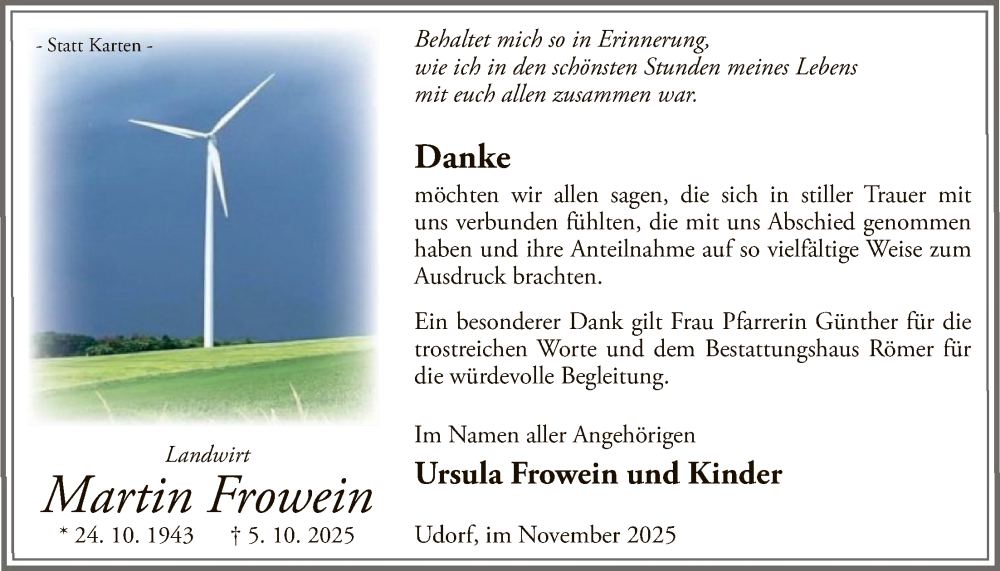 Traueranzeige für Martin Frowein vom 22.11.2025 aus WLZ