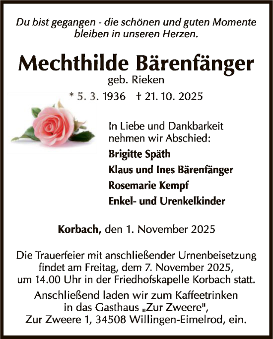 Traueranzeige von Mechthilde Bärenfänger von WLZ