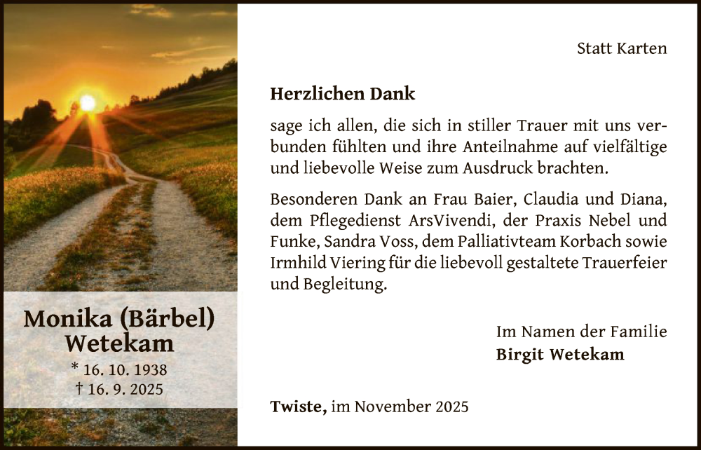  Traueranzeige für Monika Wetekam vom 15.11.2025 aus WLZ