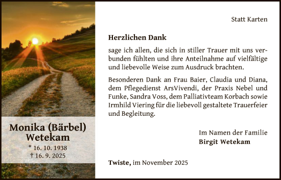 Traueranzeige von Monika Wetekam von WLZ