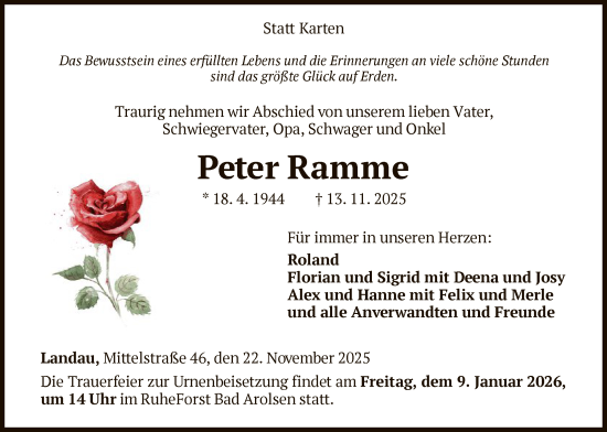 Traueranzeige von Peter Ramme von WLZ