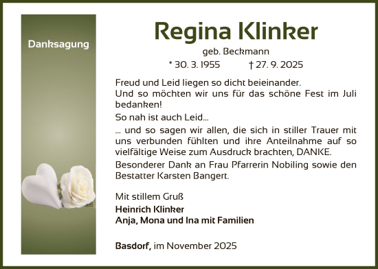 Traueranzeige von Regina Klinker von WLZ