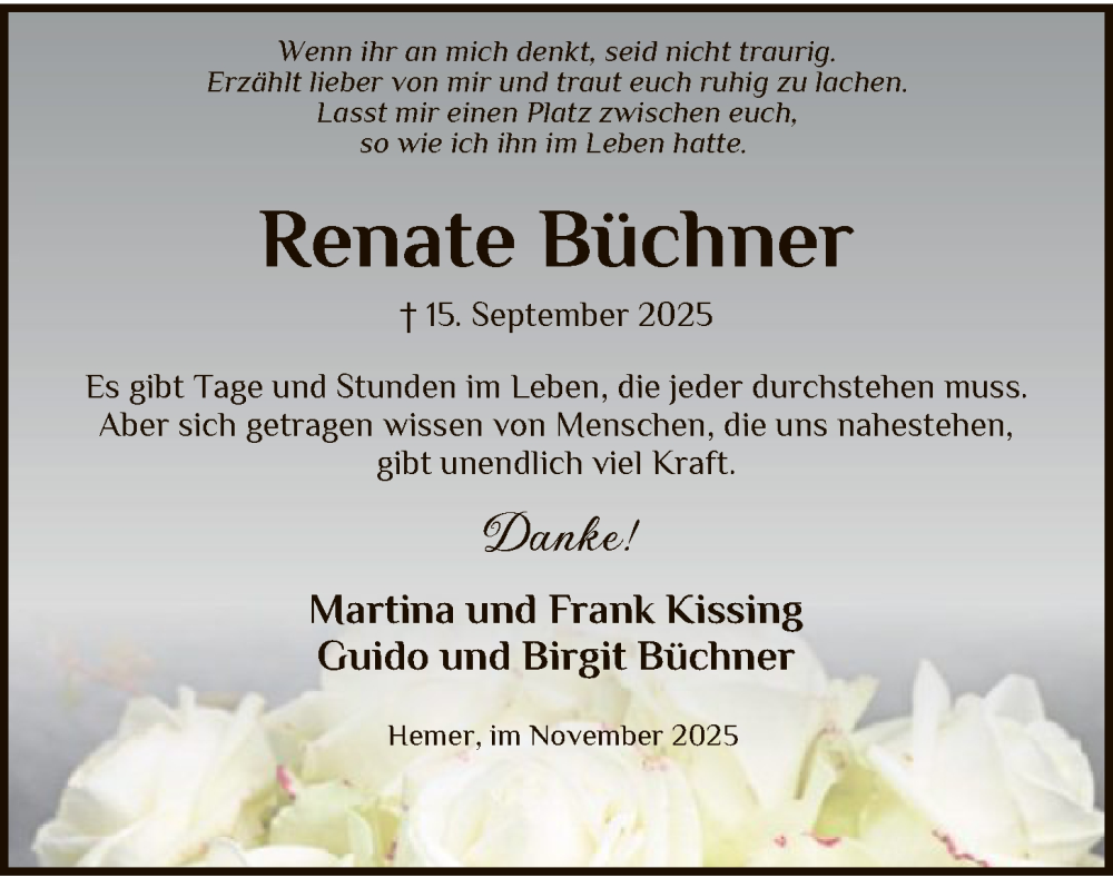  Traueranzeige für Renate Büchner vom 08.11.2025 aus WLZ