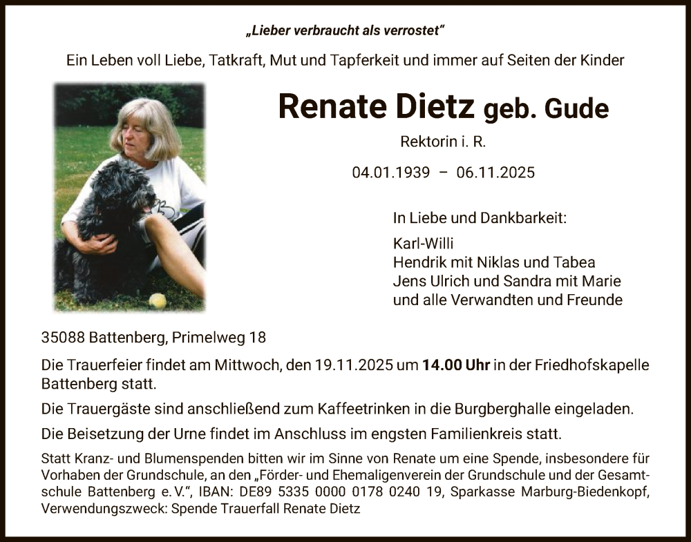  Traueranzeige für Renate Dietz vom 17.11.2025 aus WLZ