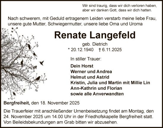 Traueranzeige von Renate Langefeld von WLZ