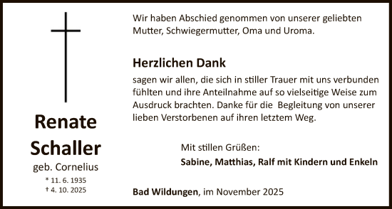 Traueranzeige von Renate Schaller von WLZ