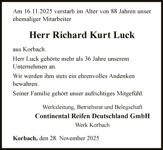 Traueranzeige von Richard Kurt Luck von WLZ