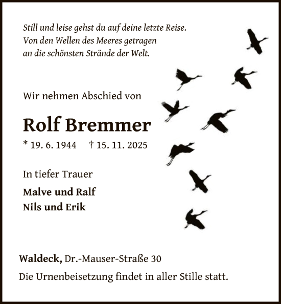 Traueranzeige von Rolf Bremmer von WLZ