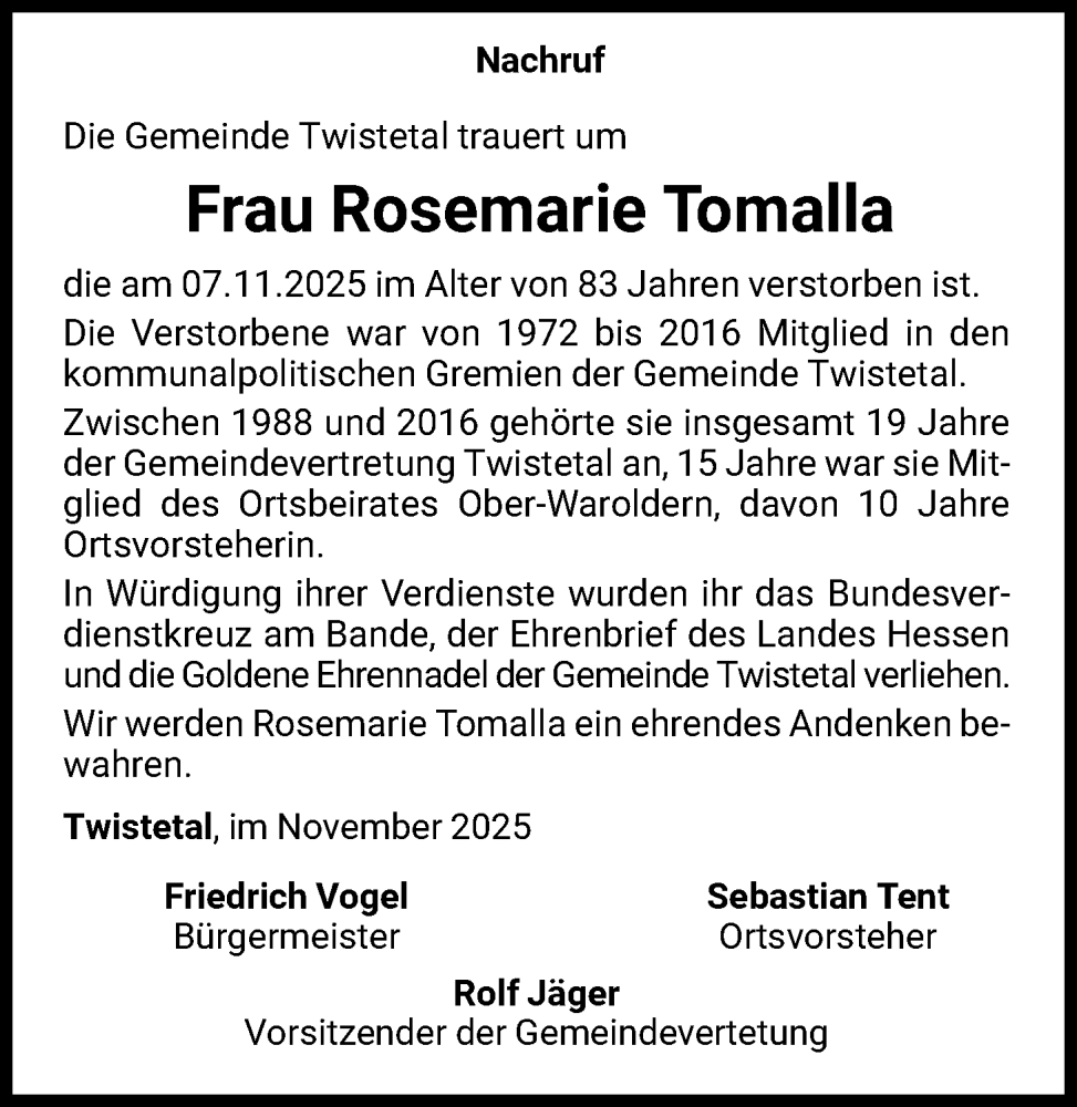  Traueranzeige für Rosemarie Tomalla vom 22.11.2025 aus WLZ