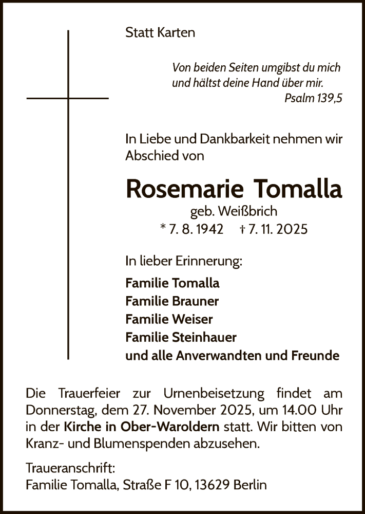  Traueranzeige für Rosemarie Tomalla vom 22.11.2025 aus WLZ