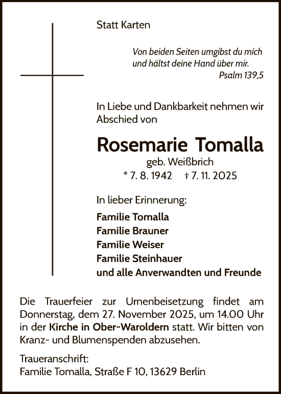 Traueranzeige von Rosemarie Tomalla von WLZ