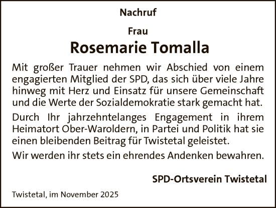 Traueranzeige von Rosemarie Tomalla von WLZ