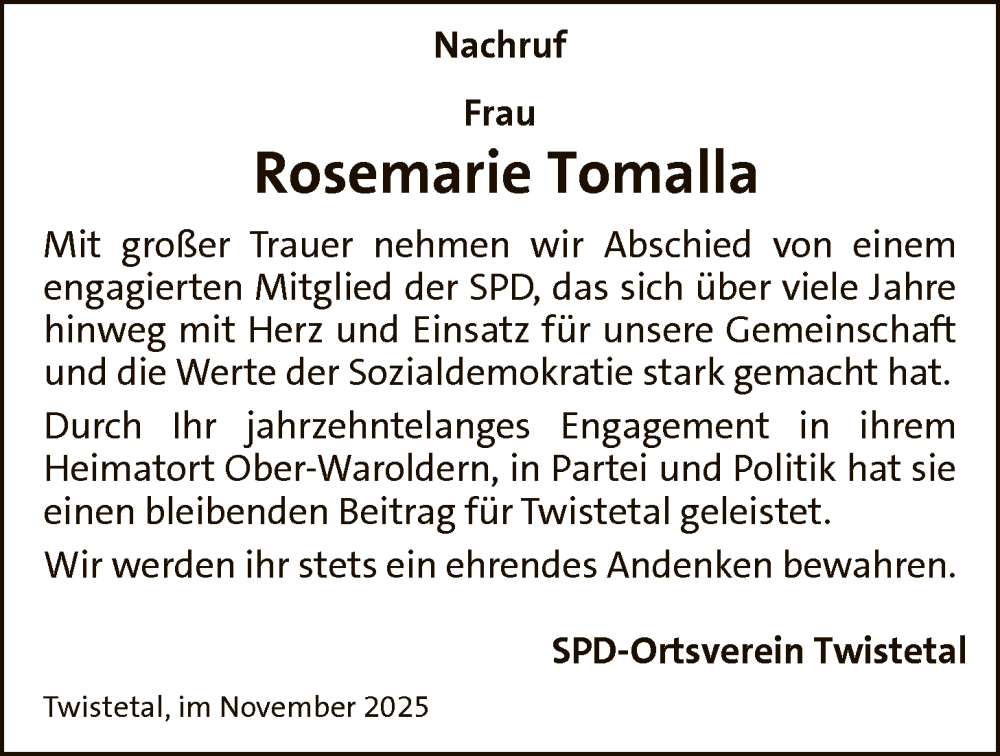  Traueranzeige für Rosemarie Tomalla vom 27.11.2025 aus WLZ