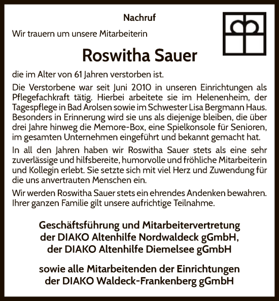 Traueranzeige von Roswitha Sauer von WLZ
