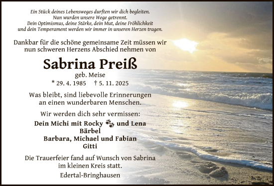 Traueranzeige von Sabrina Preiß von WLZ