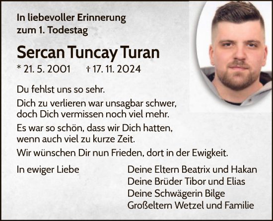 Traueranzeige von Sercan Tuncay Turan von WLZ