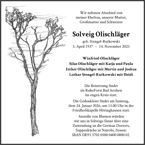 Traueranzeige von Solveig Olischläger von WLZ