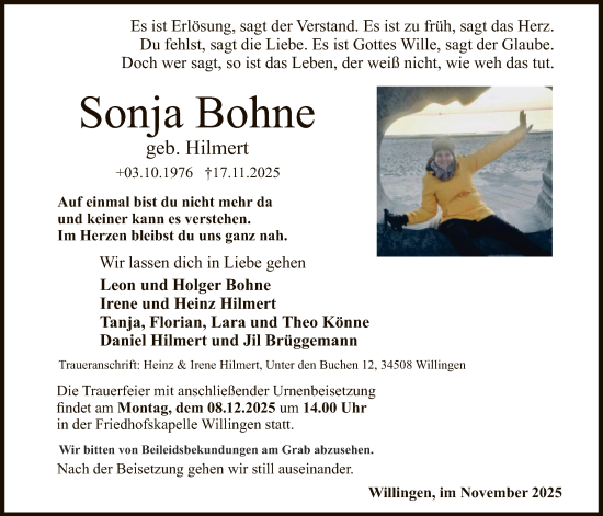 Traueranzeige von Sonja Bohne von WLZ