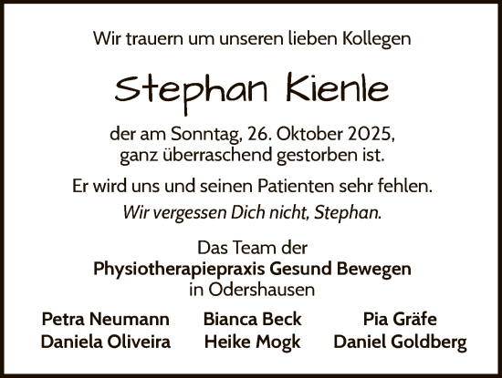 Traueranzeige von Stephan Kienle von WLZ