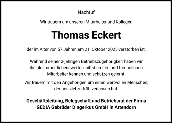 Traueranzeige von Thomas Eckert von WLZ