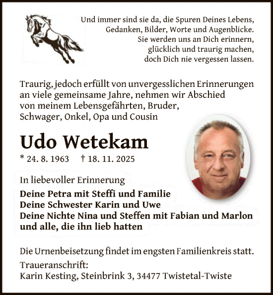 Traueranzeige von Udo Wetekam von WLZ