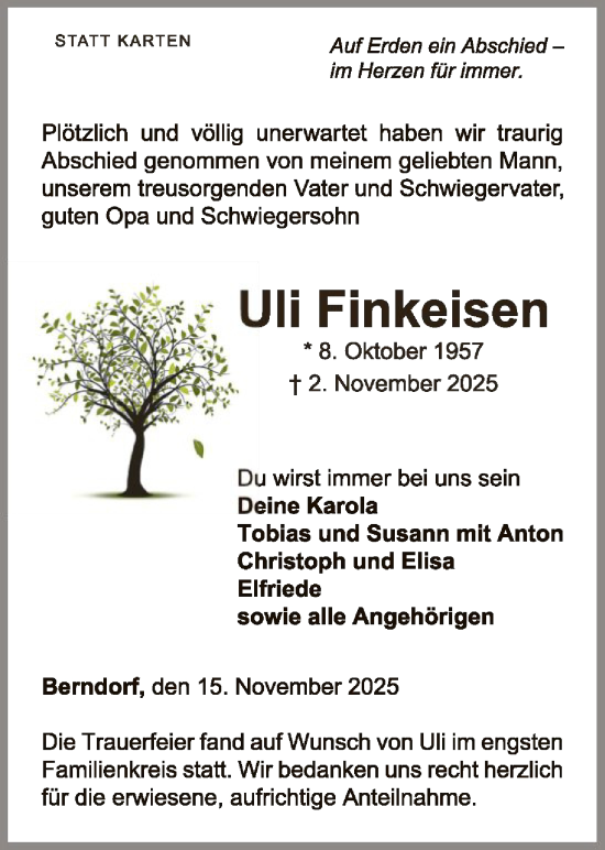 Traueranzeige von Uli Finkeisen von WLZ
