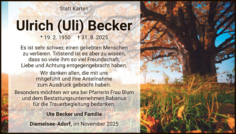  Traueranzeige für Ulrich Becker vom 01.11.2025 aus WLZ