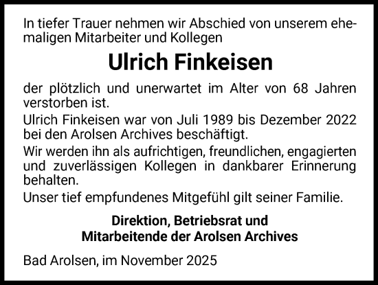 Traueranzeige von Ulrich Finkeisen von WLZ