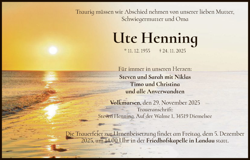  Traueranzeige für Ute Henning vom 29.11.2025 aus WLZ